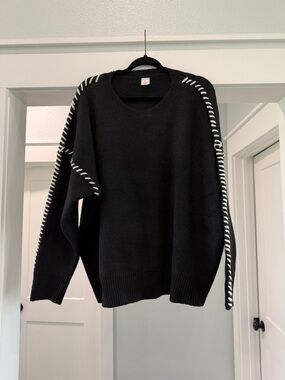 Sew In Love Black Crewneck Sweater with White Stripe Detail